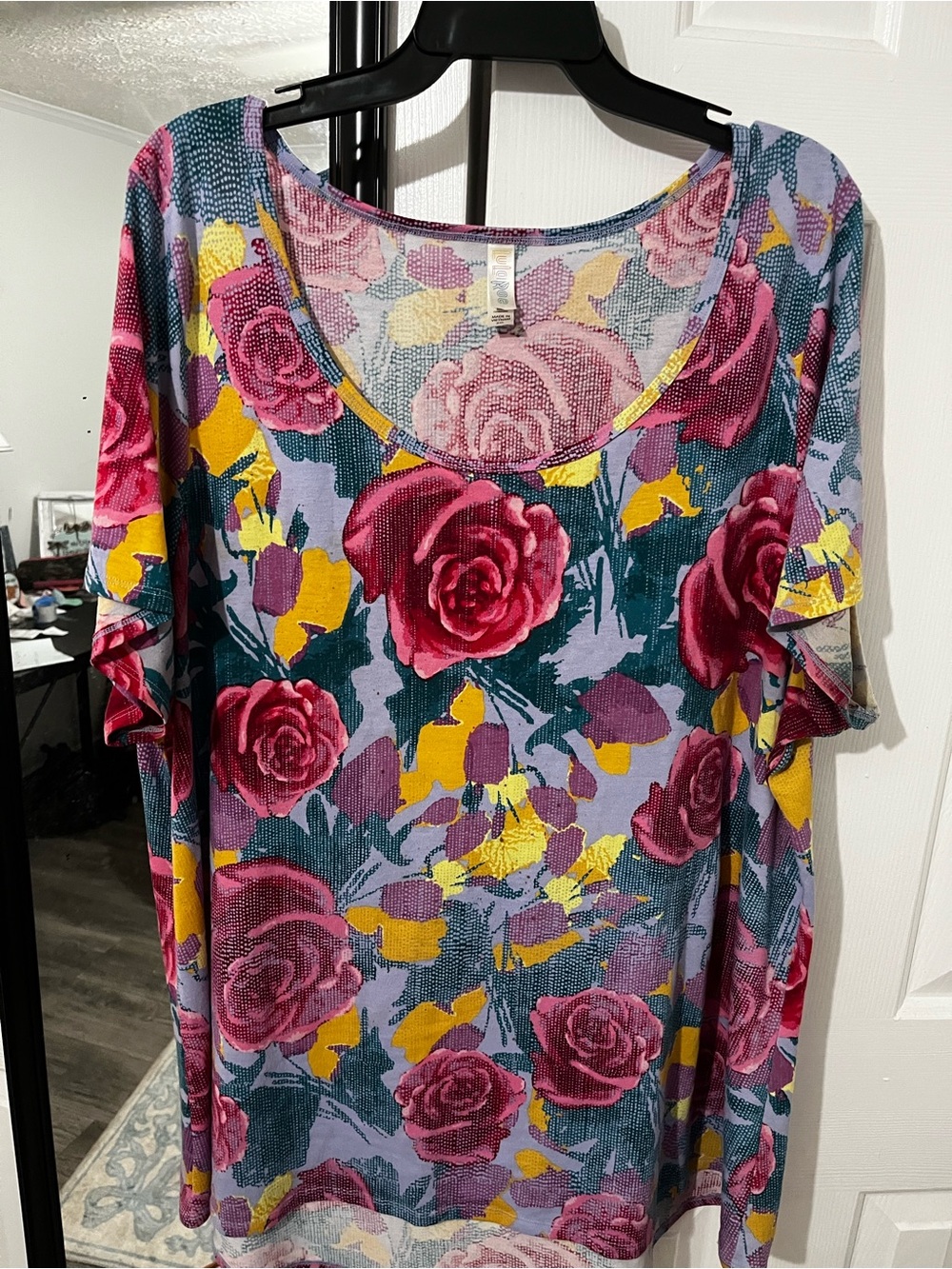 LuLaRoe Short Sleeve Floral Scoop Neck Top - Magenta, Yellow, Teal